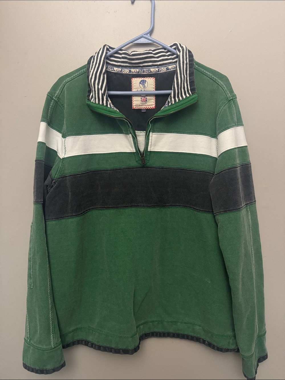 Fat Face Men's Green Striped Zip-Up Rugby Sweater